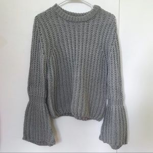 Gray Knit Sparkly Bell-Sleeve Sweater